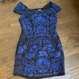 foxiedox Black Dress with Royal Blue Embroidered Floral Pattern